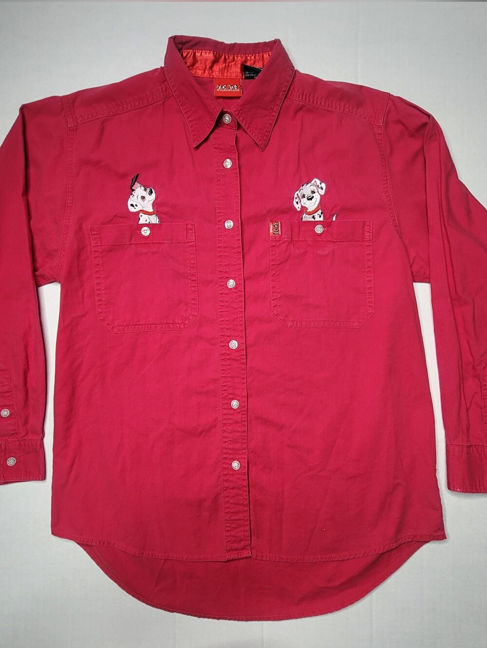 Disney Vintage 1996 101 Dalmations Red Button-Up Shirt with Embroidered Pups